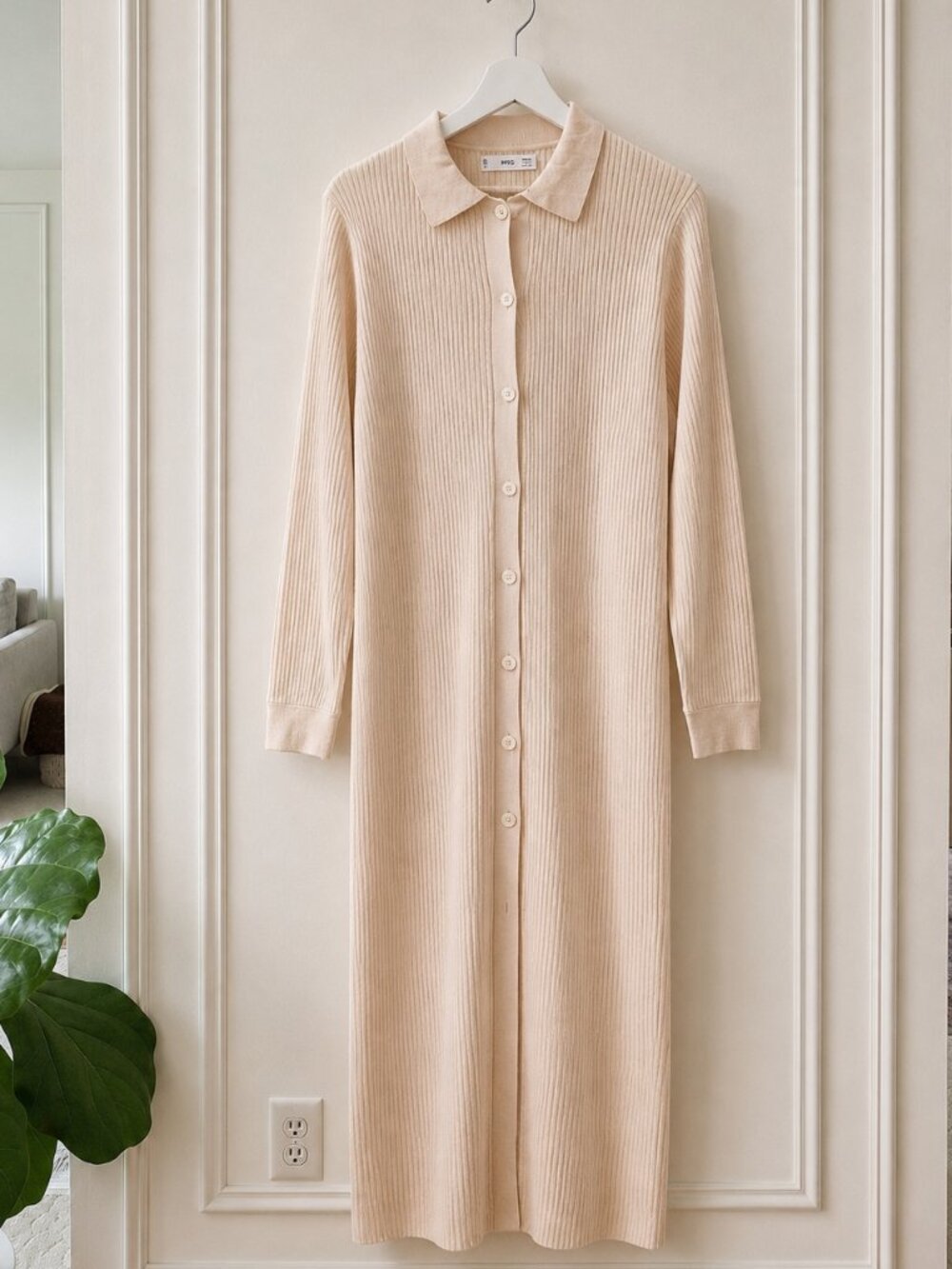 Mango MNG Ribbed Knit Long Buttoned Cardigan | XS Cream Beige - Picture 1 of 5